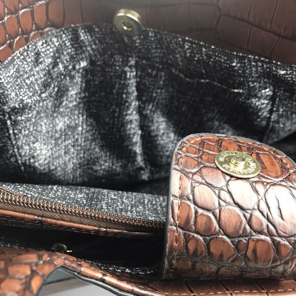 Faux Leather Tote Dark Green Brown Alligator Pattern Handbag Purse 2 Section - Picture 11 of 11